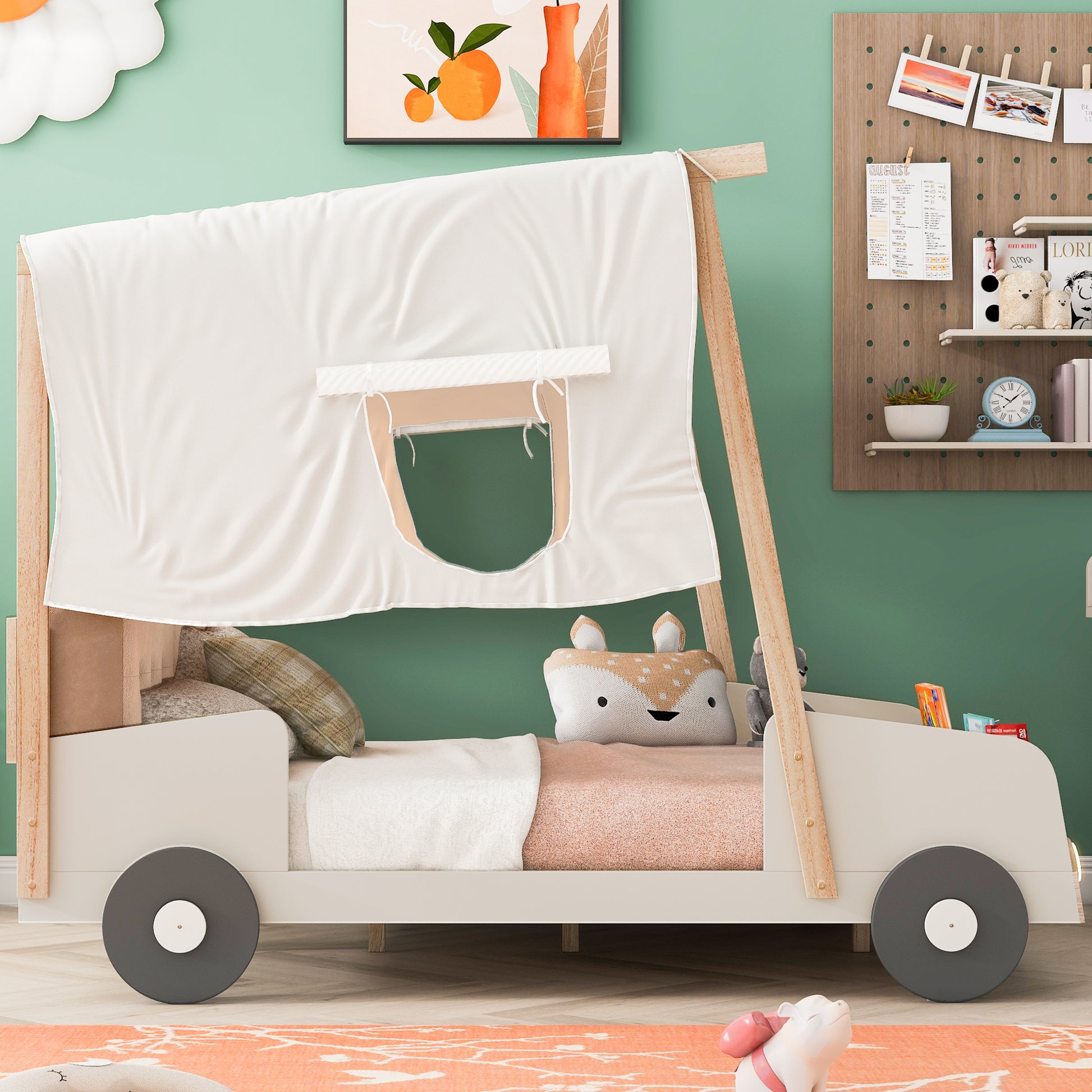 White carshaped toddler bed with wooden frame and detachable canopy
