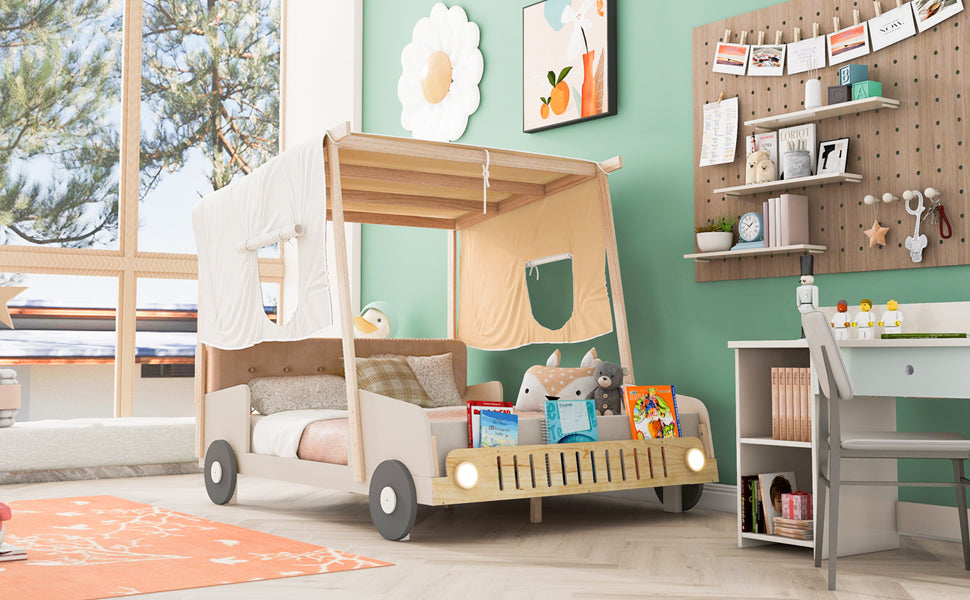 Wooden car bed with tan canopy and soft toy accents for a childs room