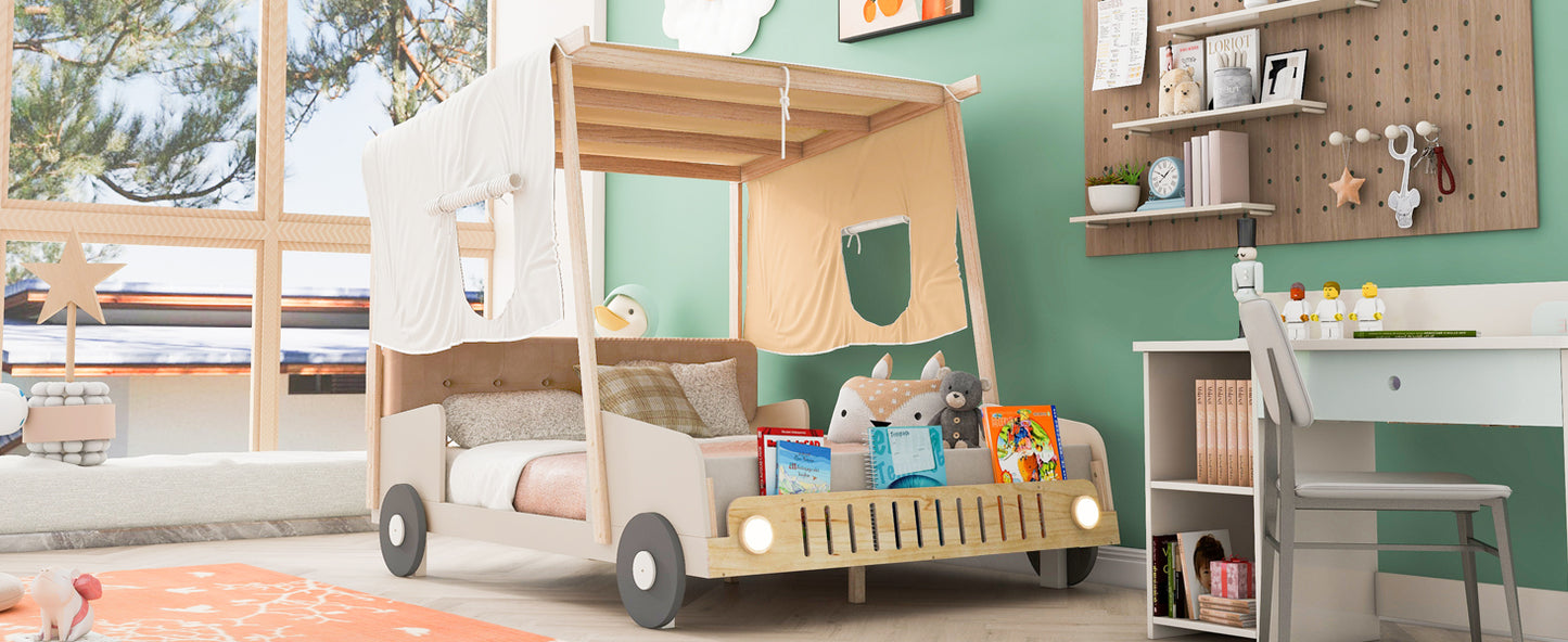 Kids car bed with tan canvas canopy and wood frame