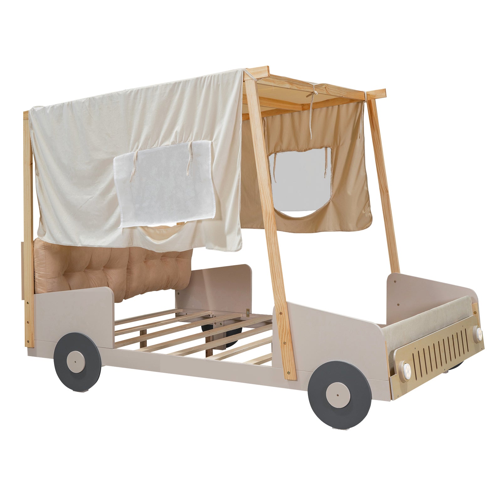Car bed with canvas top and wood frame