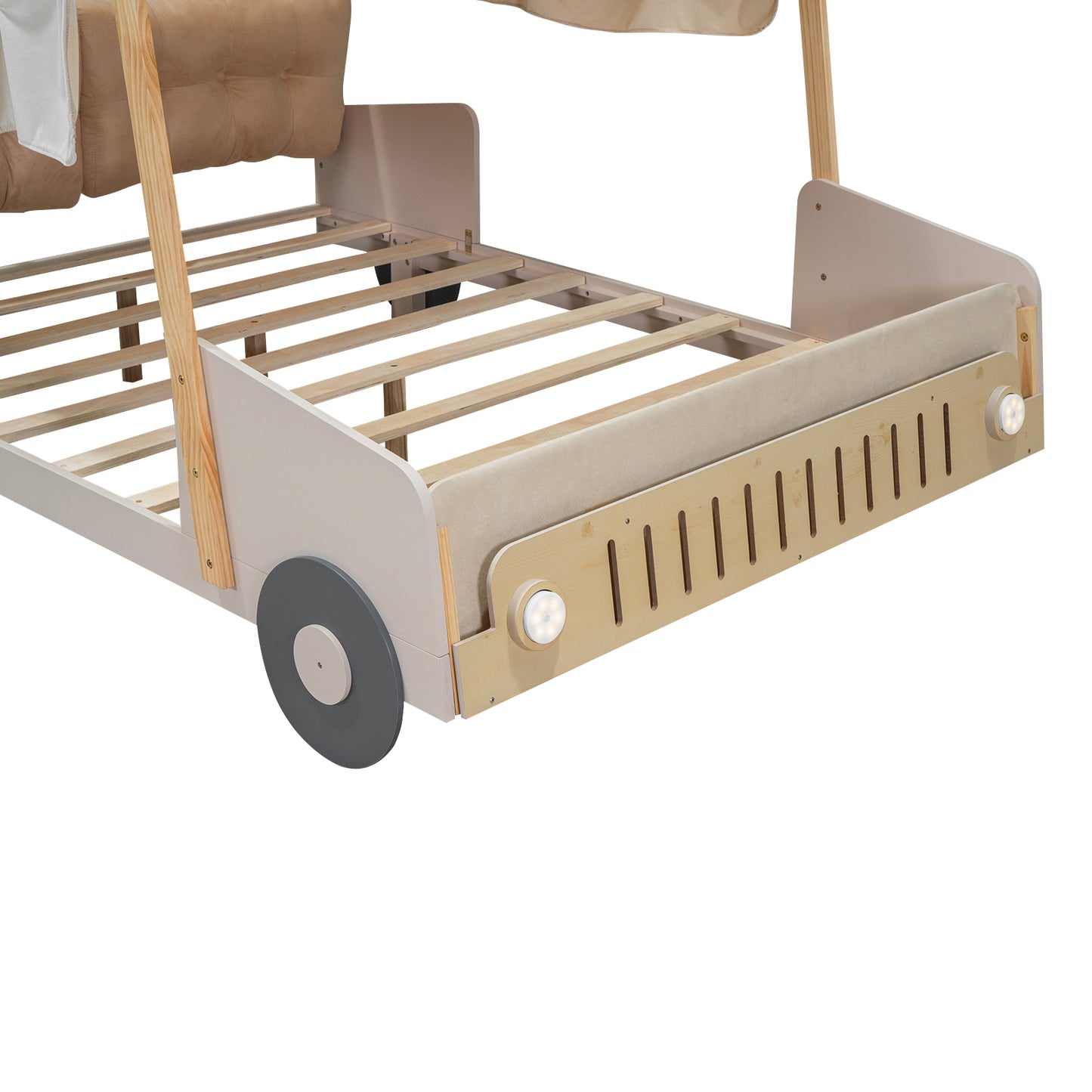 Beige upholstered kids car bed frame with wooden slats and grey wheel detail