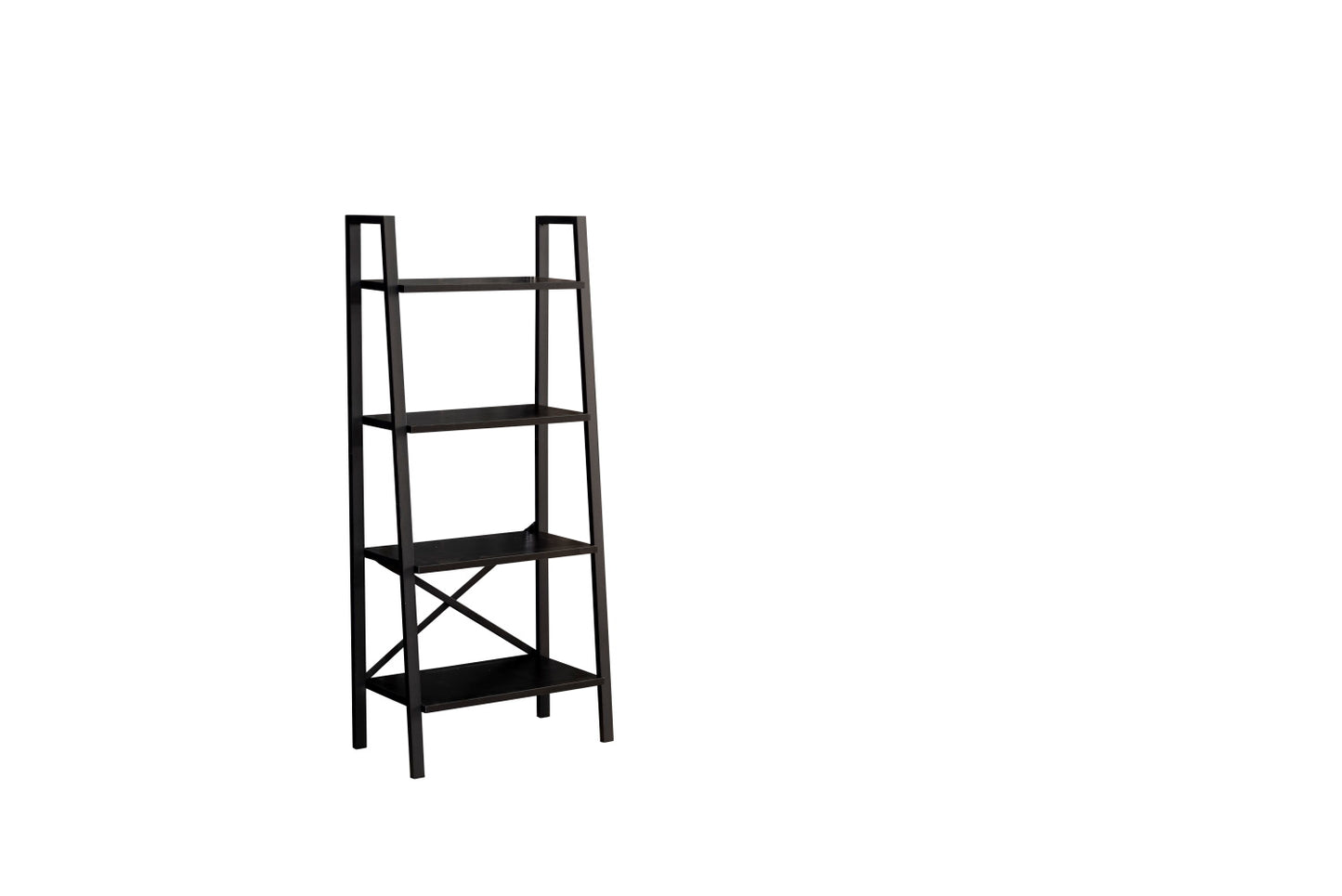 Dark brown metal ladder shelf with four wooden shelves