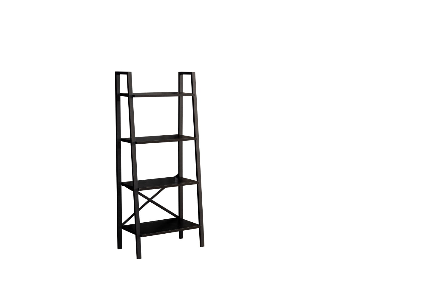 Dark brown metal ladder shelf with four wooden shelves