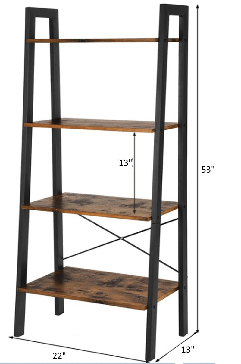 Rustic brown ladder bookshelf with black metal frame