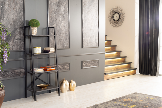 Modern ladder shelf with books and decorative items