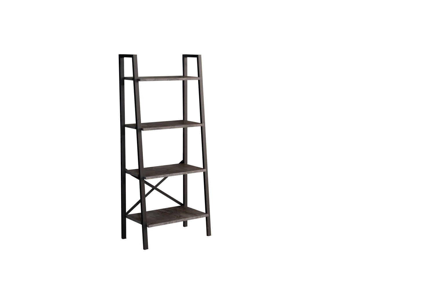 Tall industrial ladder shelf with dark metal frame and distressed wood