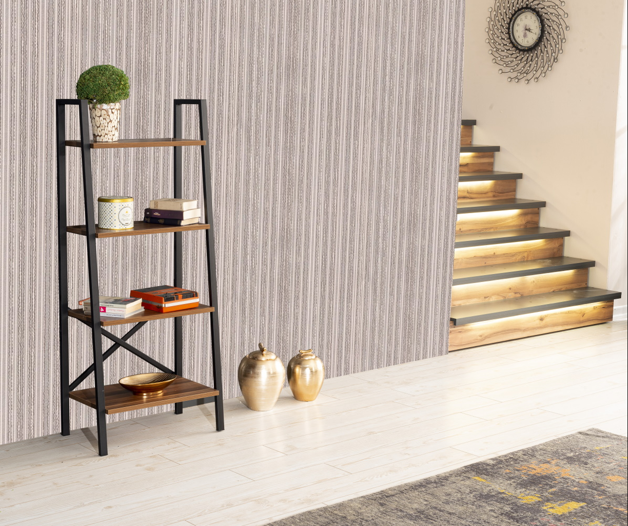 Modern leaning bookshelf with metal frame and wooden shelves