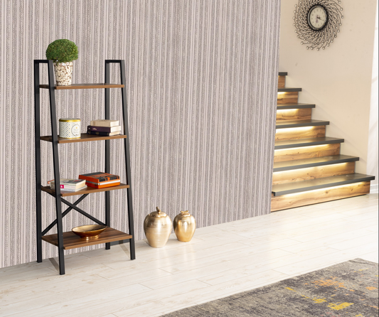 Modern leaning bookshelf with metal frame and wooden shelves