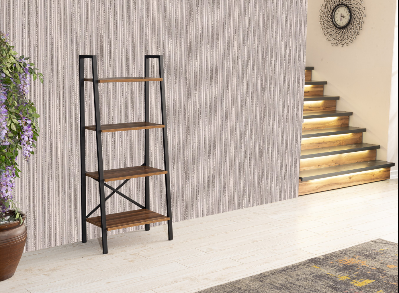 Modern ladder shelf with four walnuteffect shelves and black metal frame