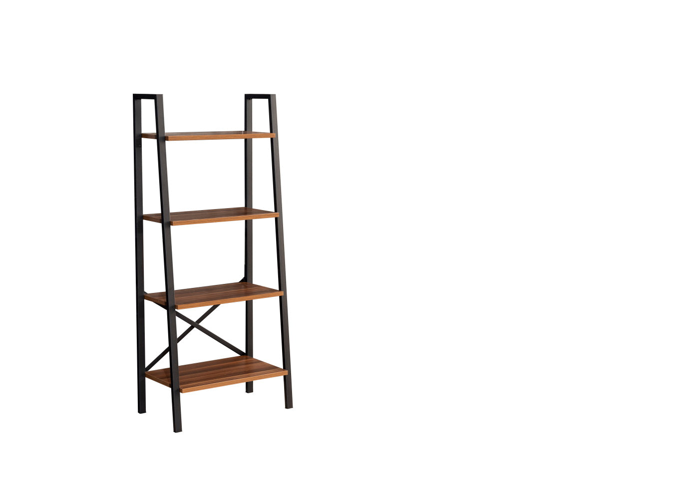 Ladder shelf with walnut finish and black metal frame