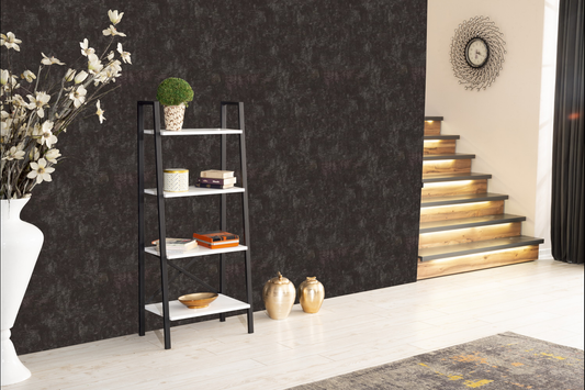 Modern white ladder bookshelf with black metal frame