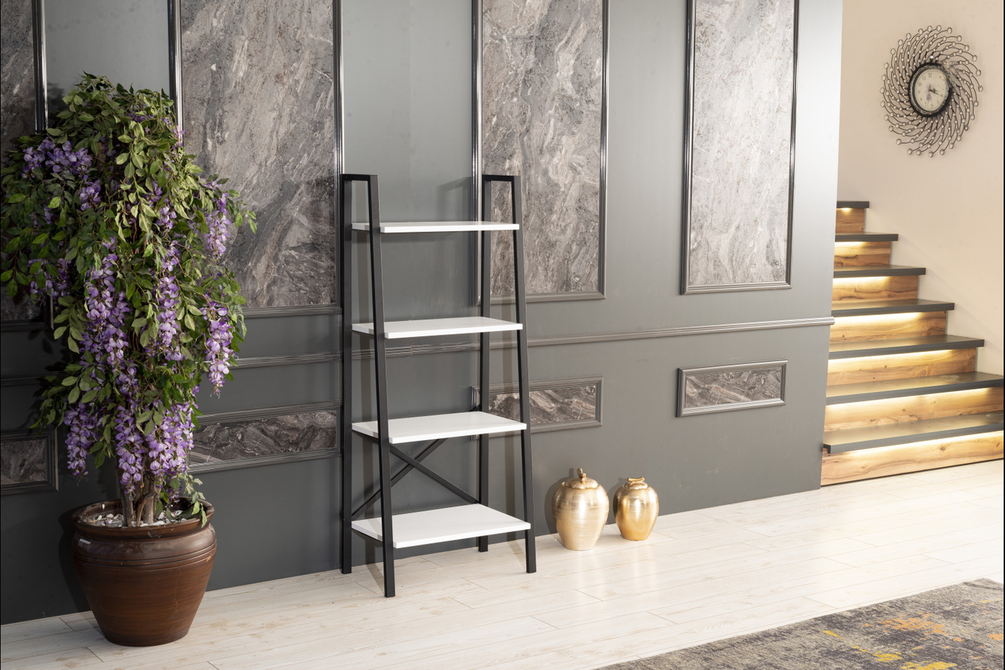 Modern black metal ladder shelf with white shelves