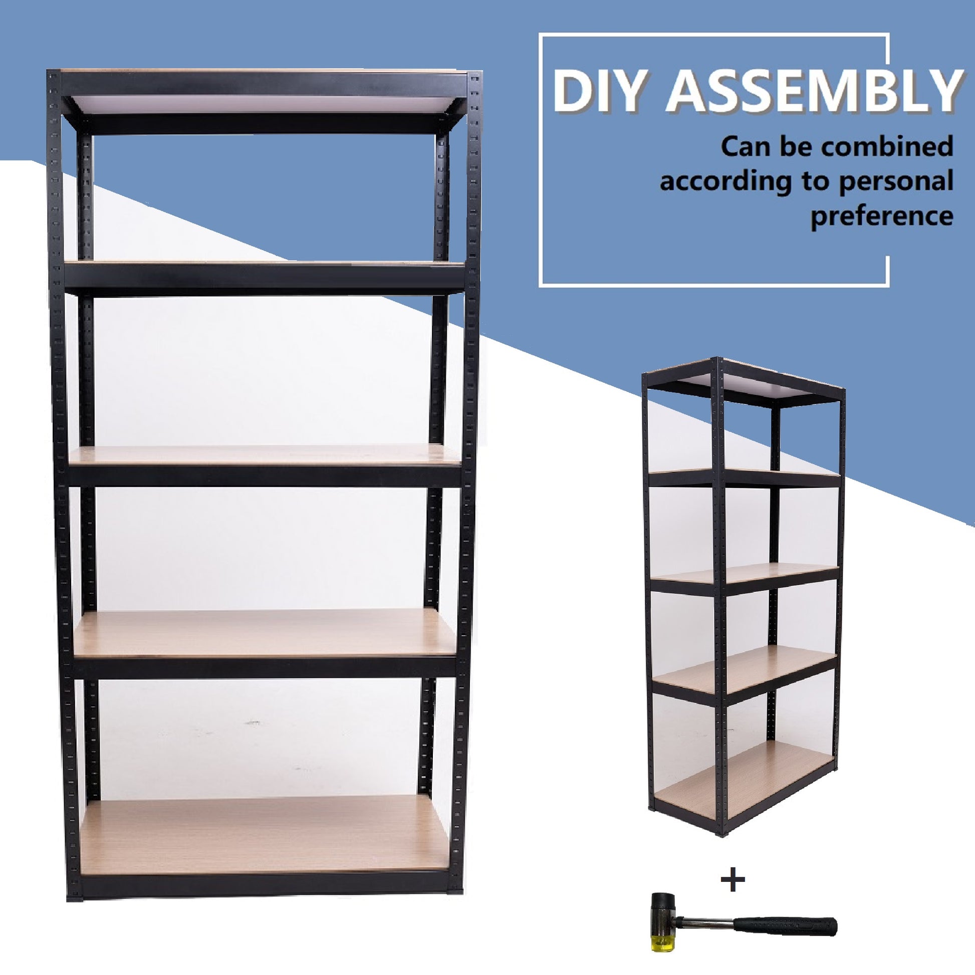 Black metal tier shelving unit with light wood shelves for home storage