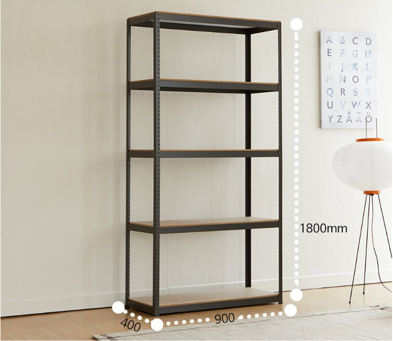 Tall industrial shelving unit with five woodlook shelves and black metal frame