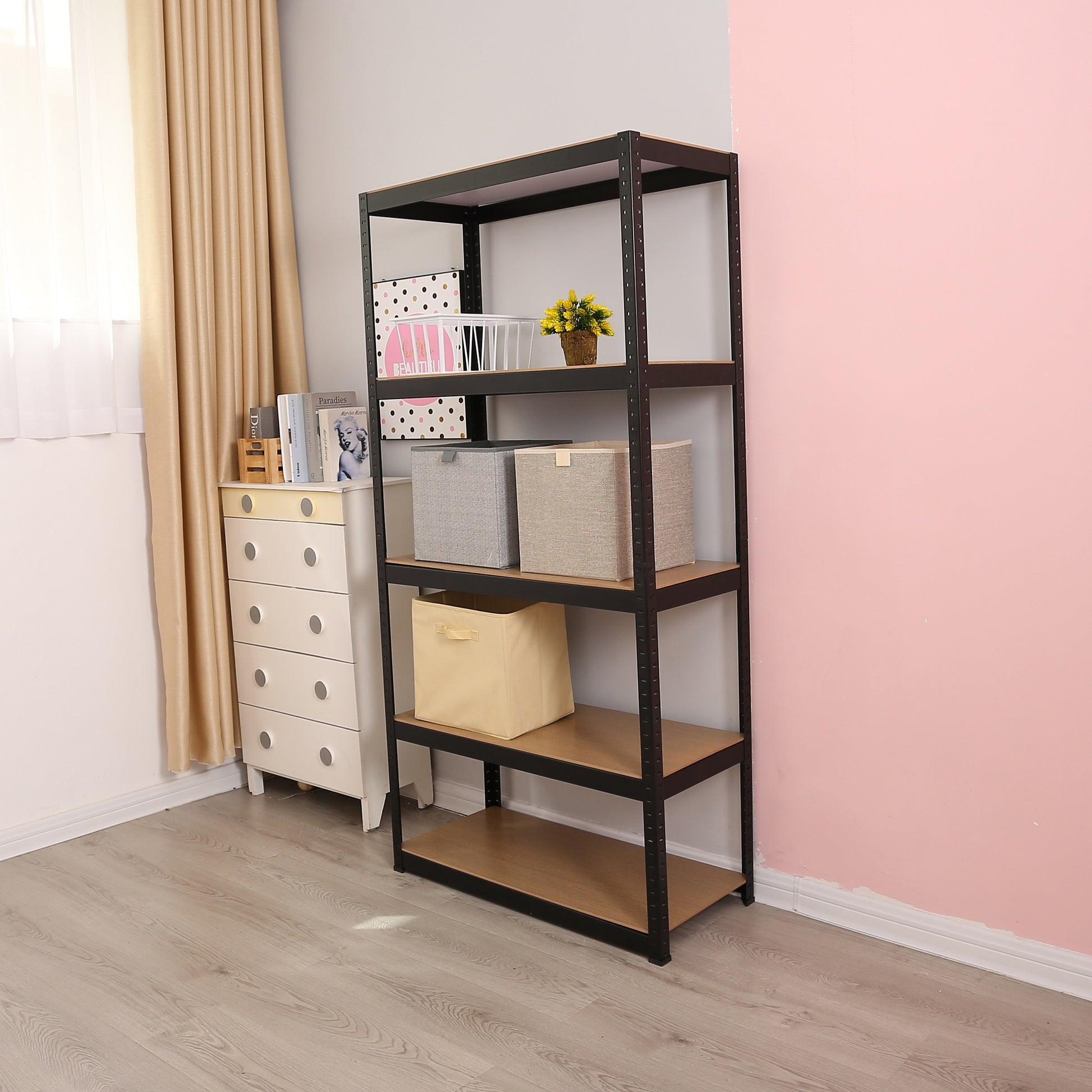 Black metal shelving unit with wood shelves and storage bins