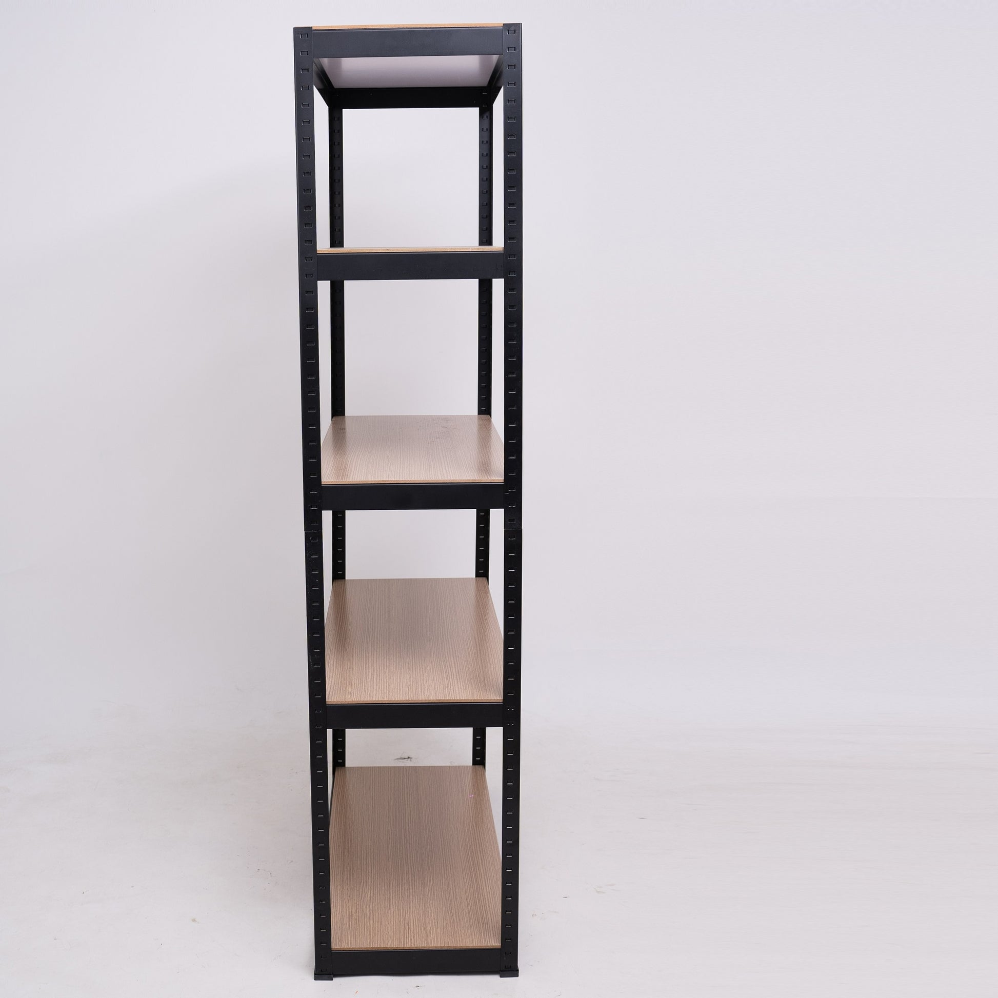 Black metal tier shelving unit with light wood grain shelves