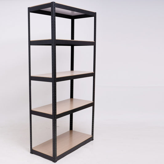 Black metal fivetier shelving unit with light wood particleboard shelves for storage