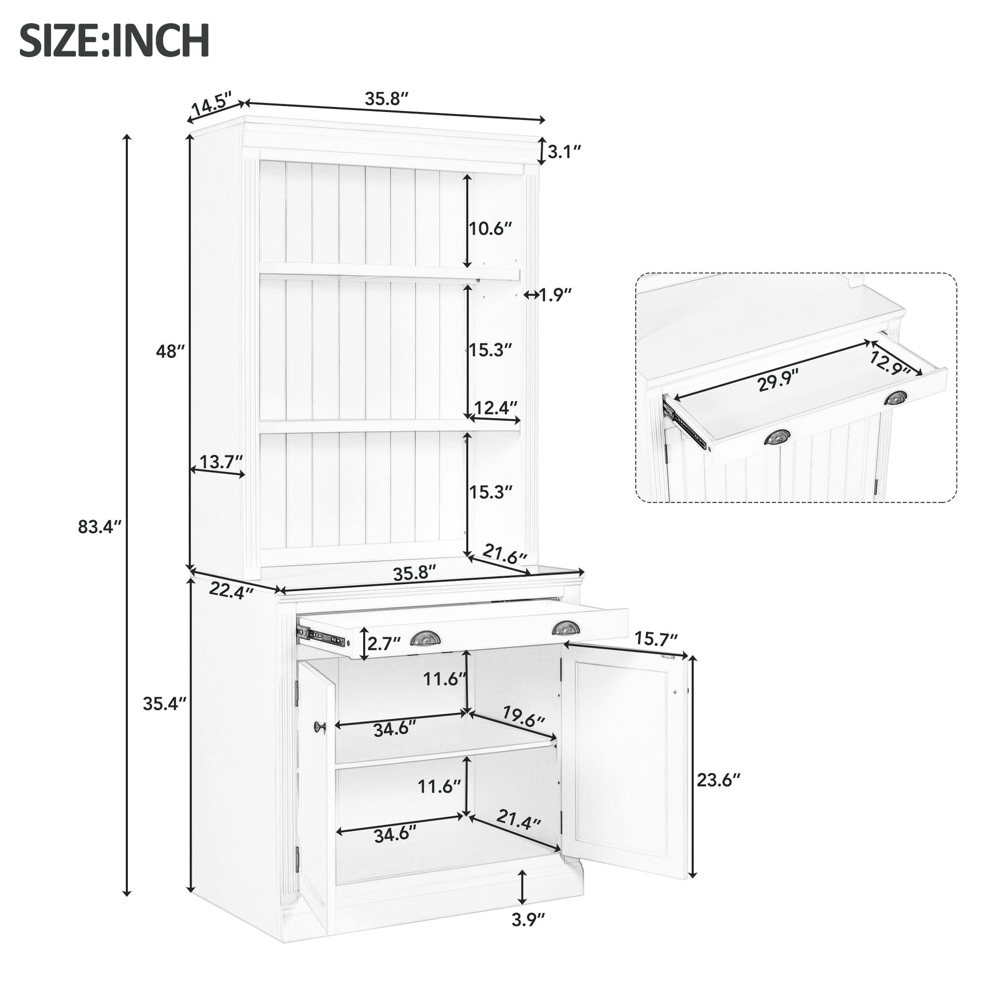 White storage cabinet with open doors and drawer