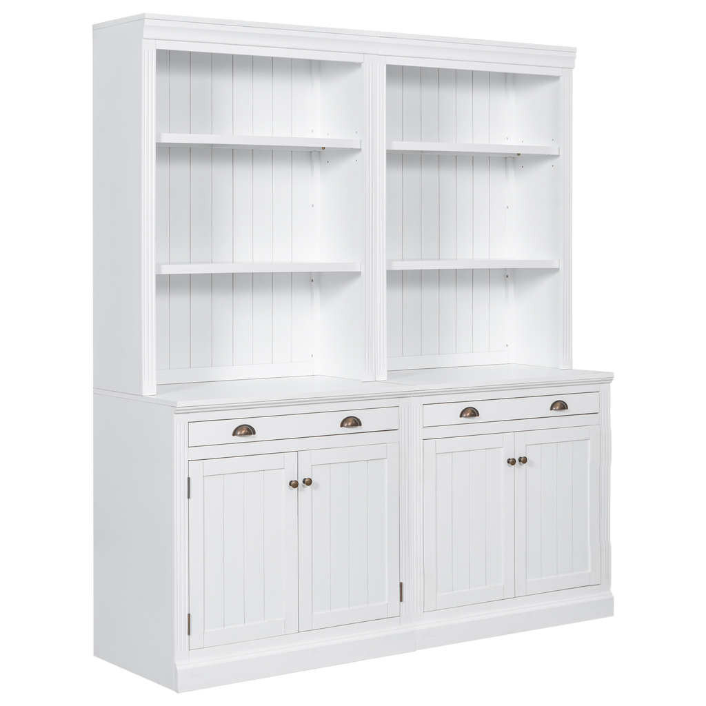 White wooden dresser with open shelves and two cabinets