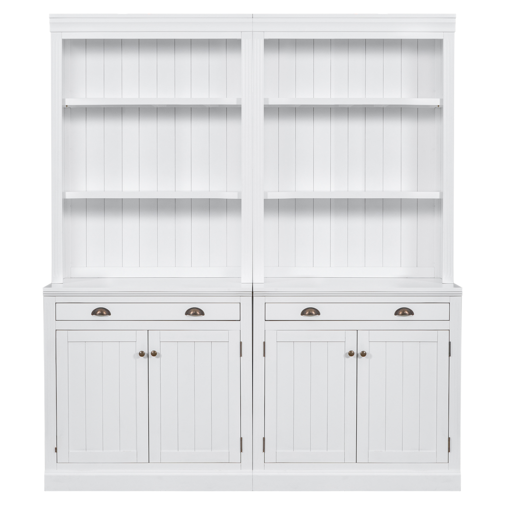 White wooden bookcase with four shelves and two cabinets
