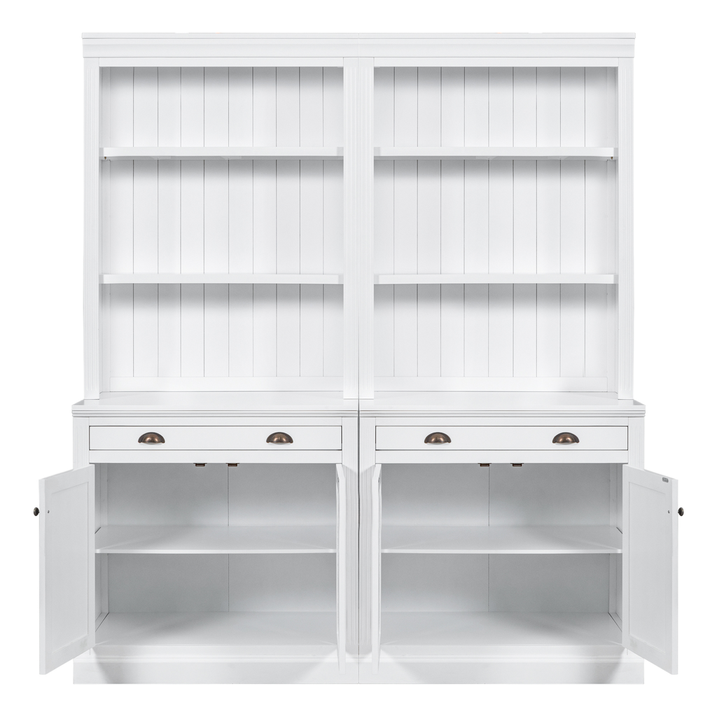 White wooden hutch with open cabinet doors and four shelves