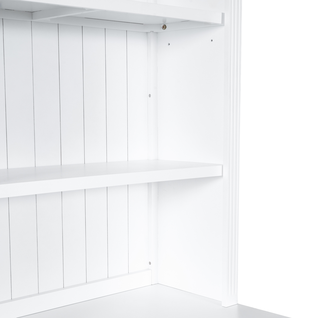 White wooden shelf unit with vertical paneling detail on back panels