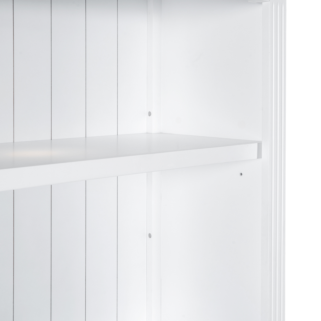 White wooden bookshelf shelf detail with vertical paneling