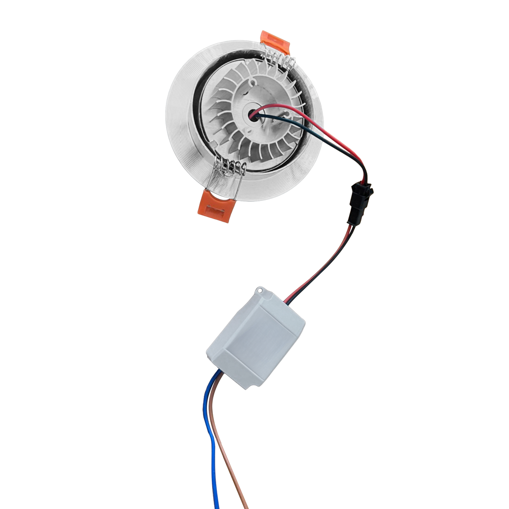 Silver recessed LED downlight with orange spring clips and power supply box