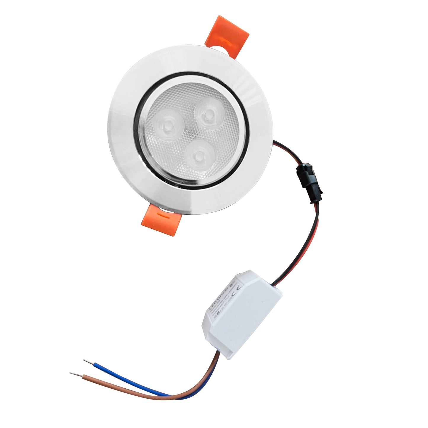 Round white recessed spotlight with orange clips and LED driver