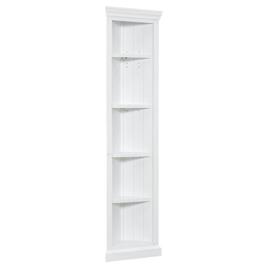White wooden corner bookshelf with five shelves