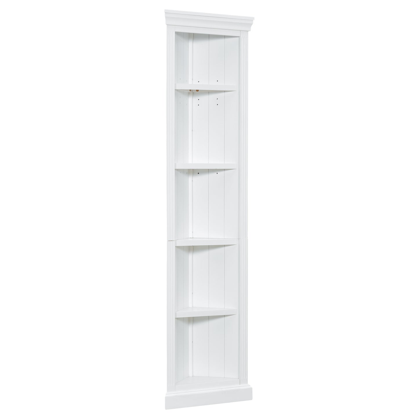 White wooden corner bookshelf with five shelves