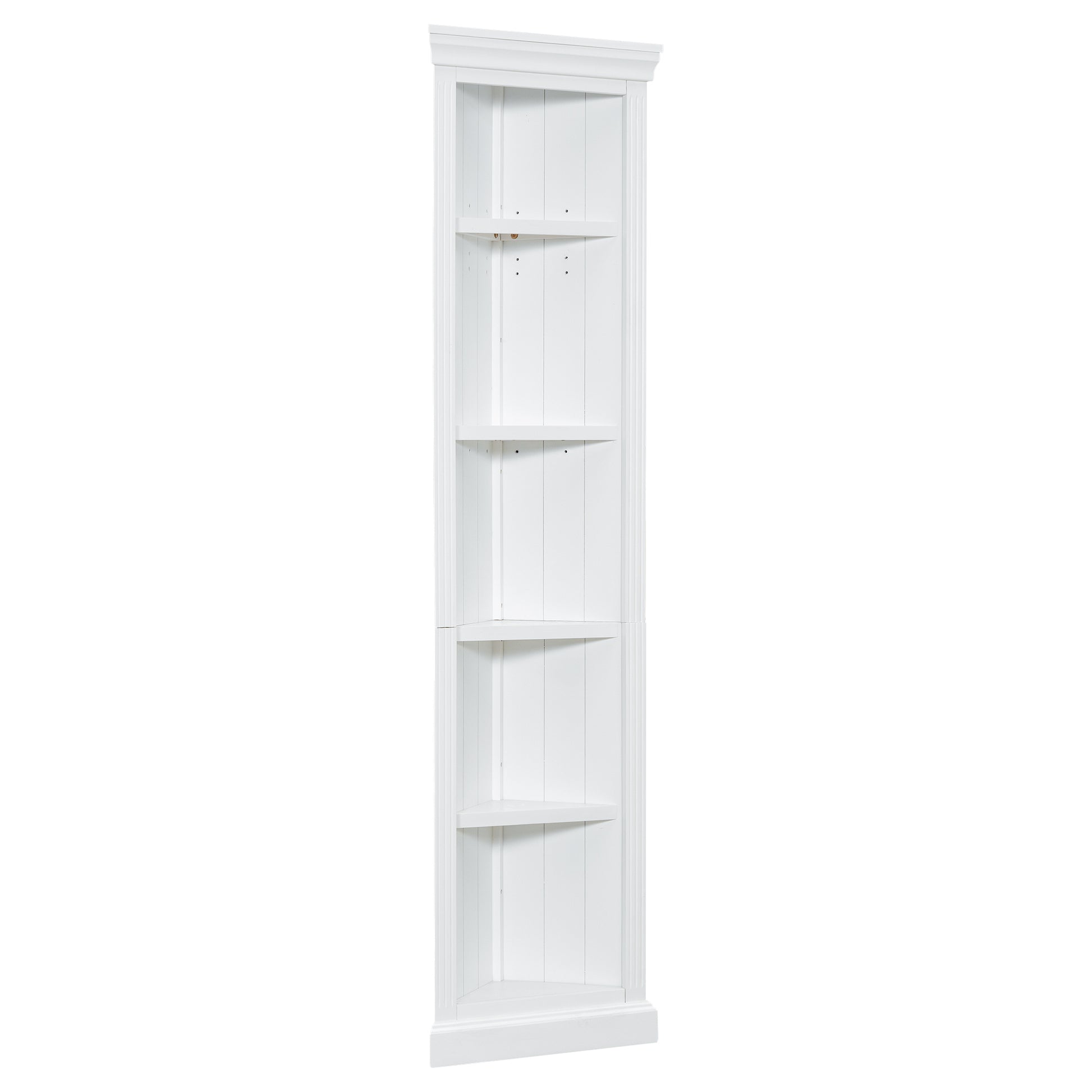 White wooden corner bookshelf with five shelves