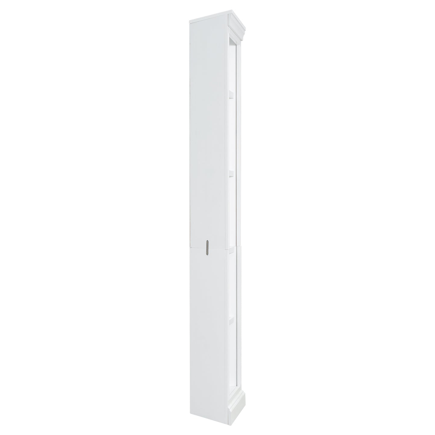 White tall display cabinet with glass door and shelves