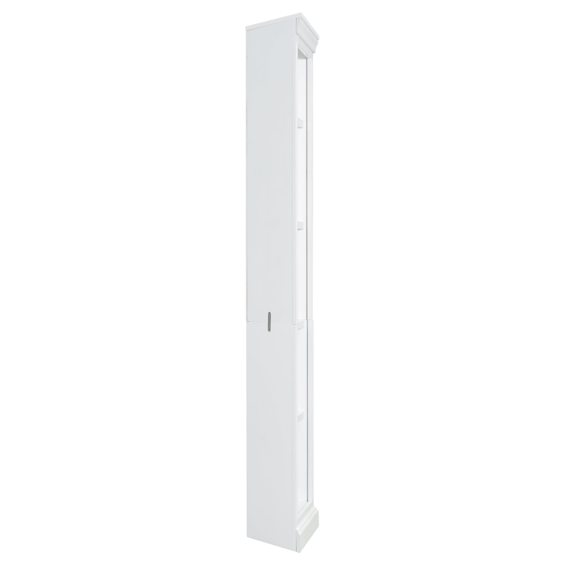 White tall display cabinet with glass door and shelves