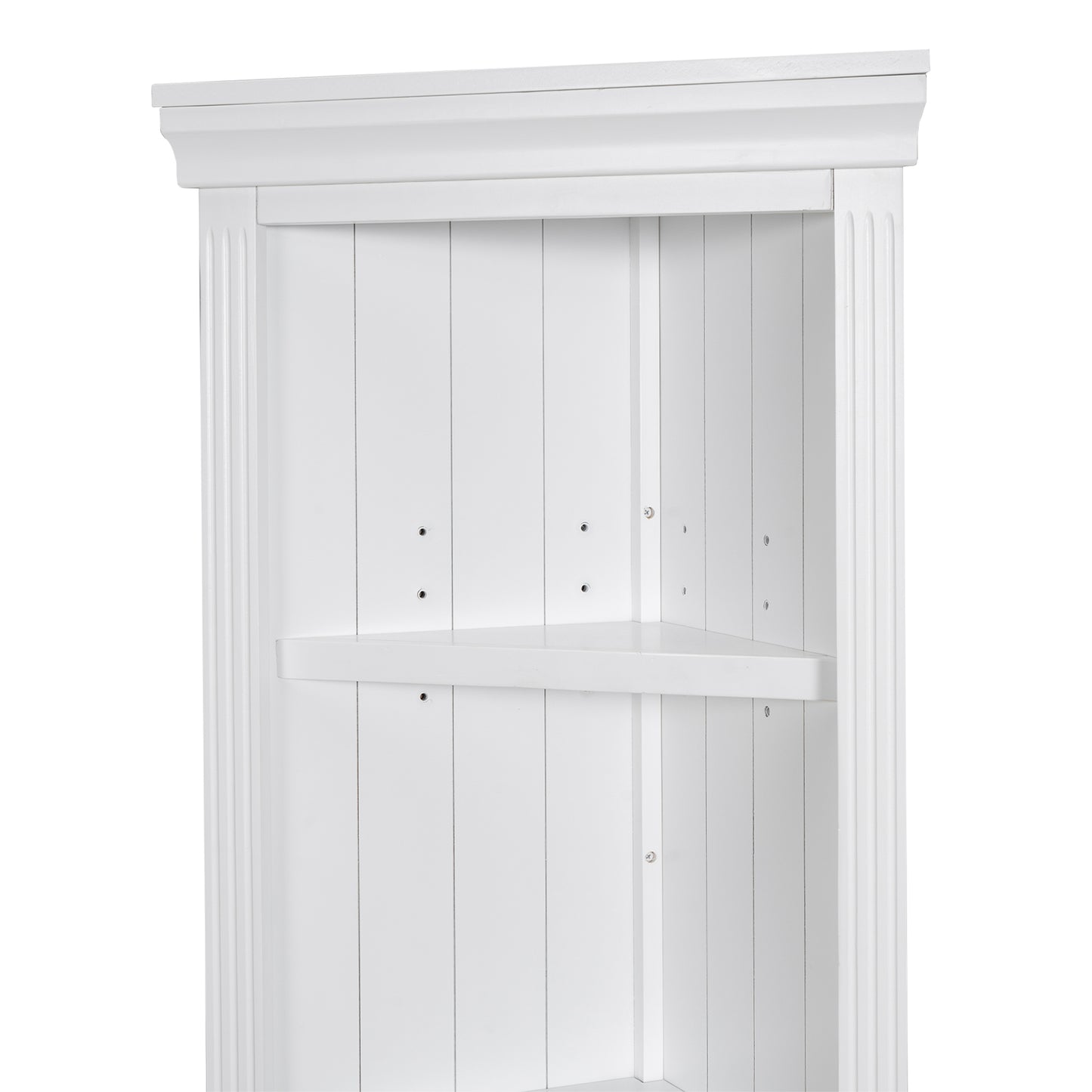 White wooden corner bookshelf with fluted trim