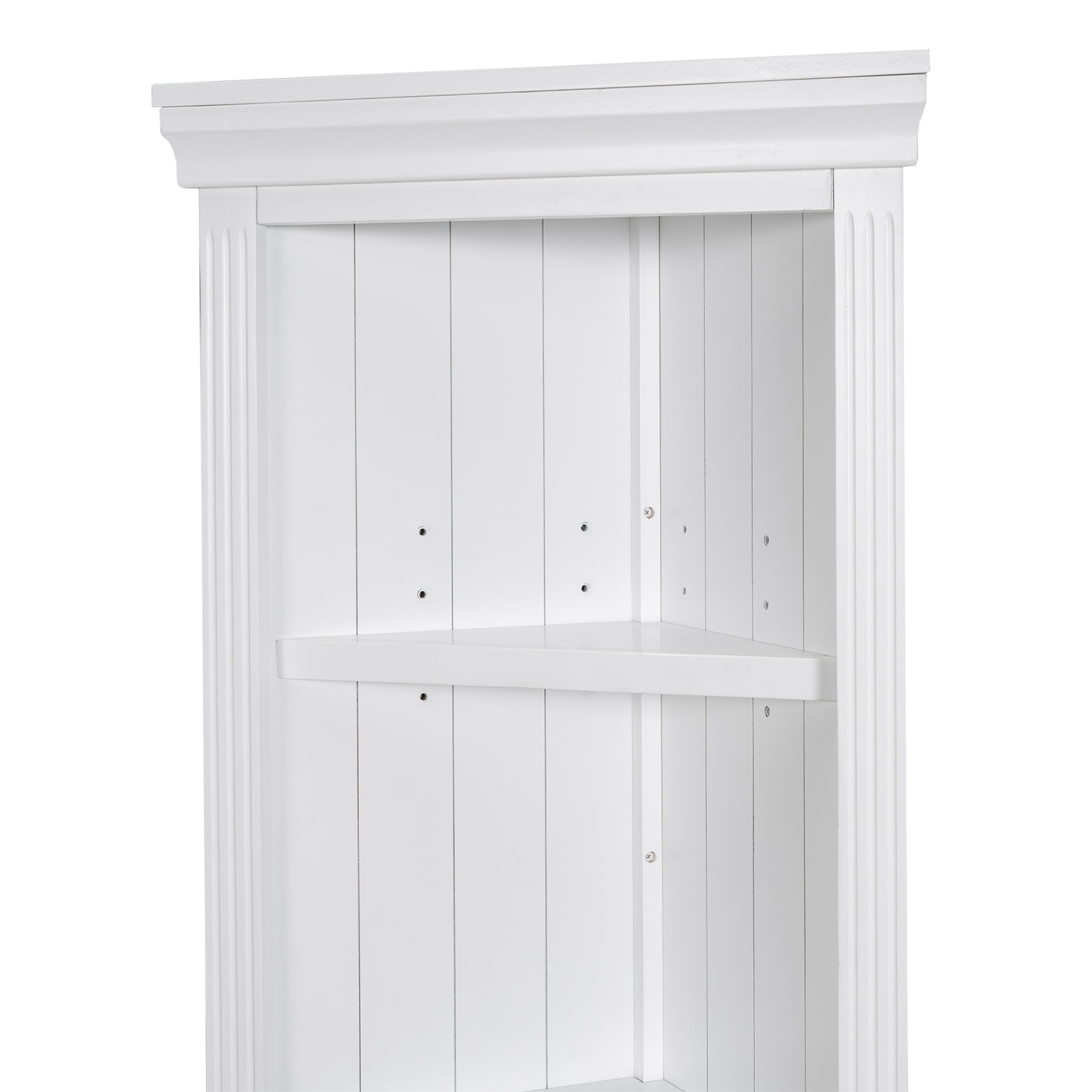 White wooden corner bookshelf with fluted trim