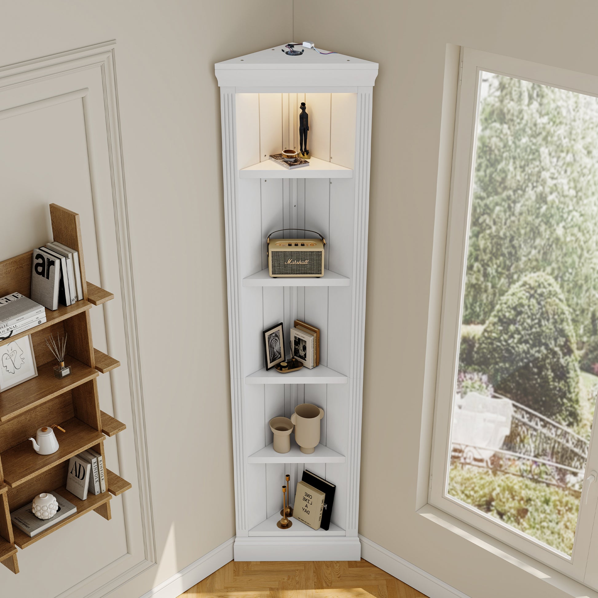 White modern corner shelving unit with integrated LED lighting