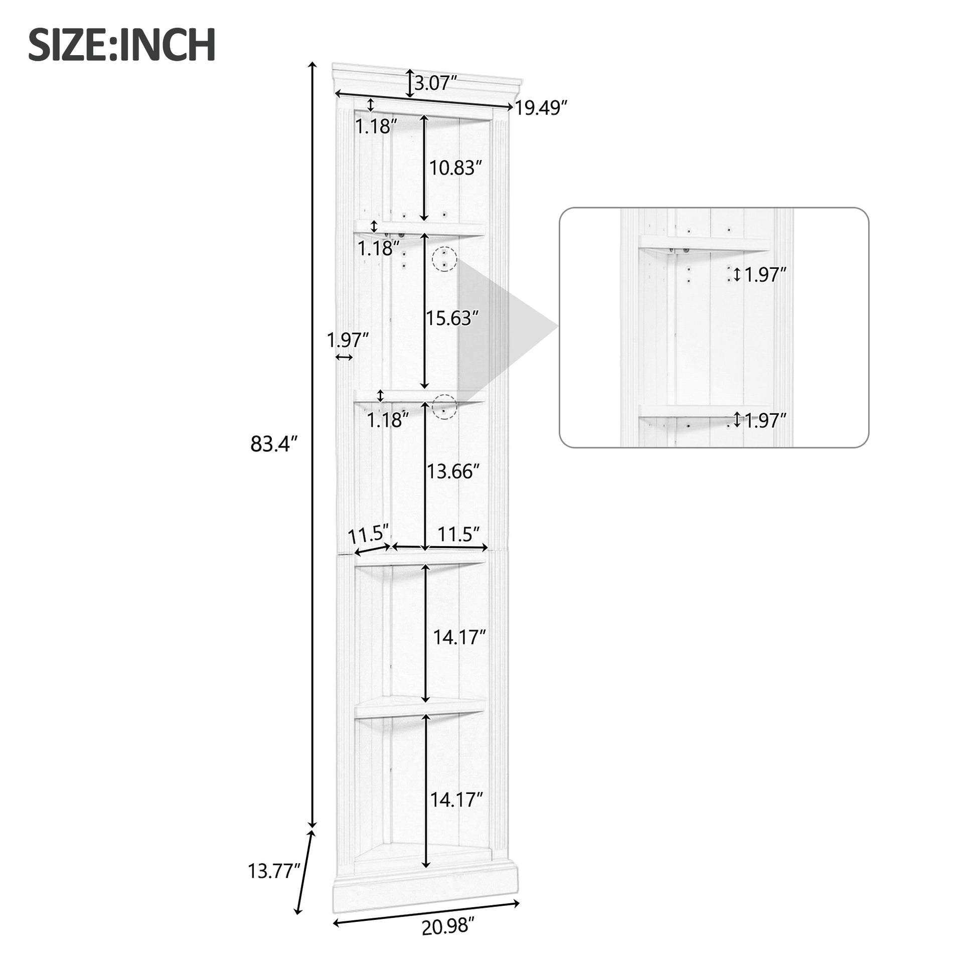 Diagram of a white wooden corner shelving unit  inches tall with detailed dimensions