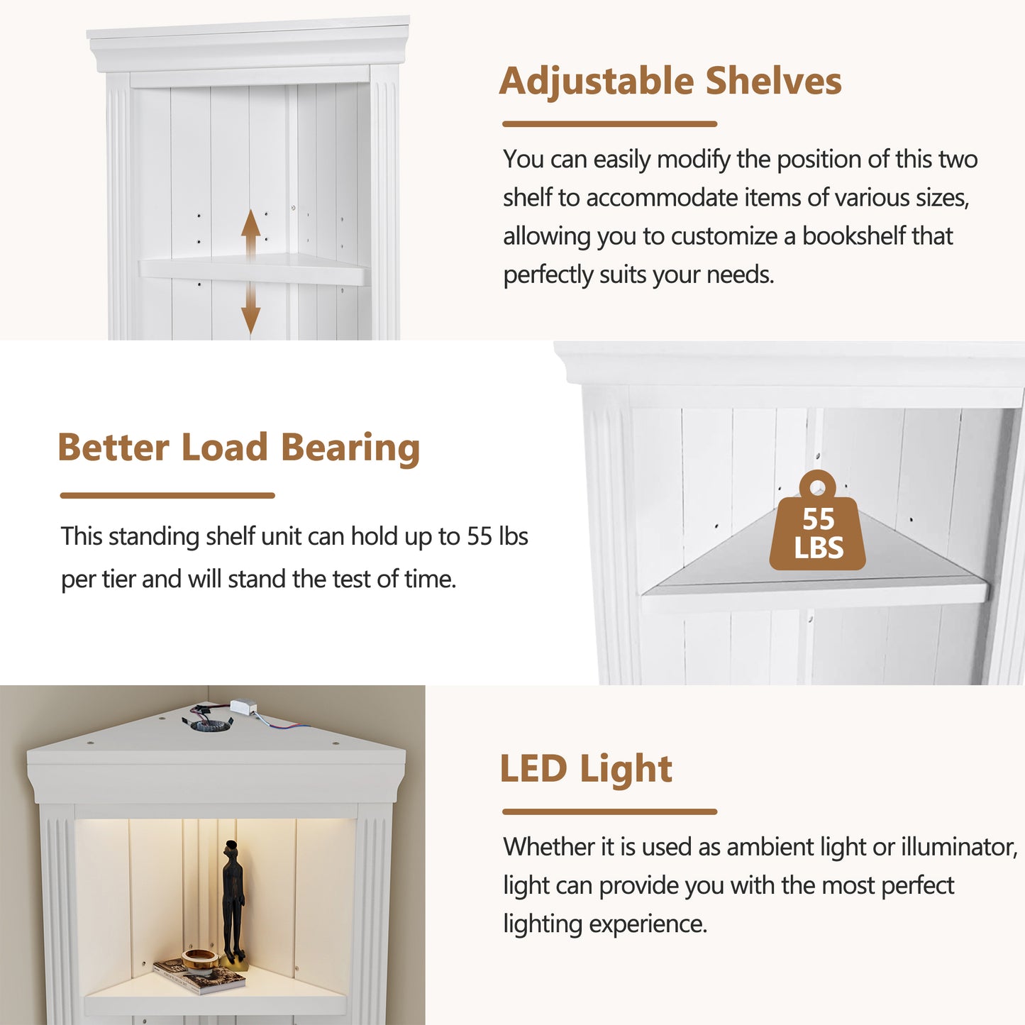 White corner shelf unit with adjustable shelf height indicator