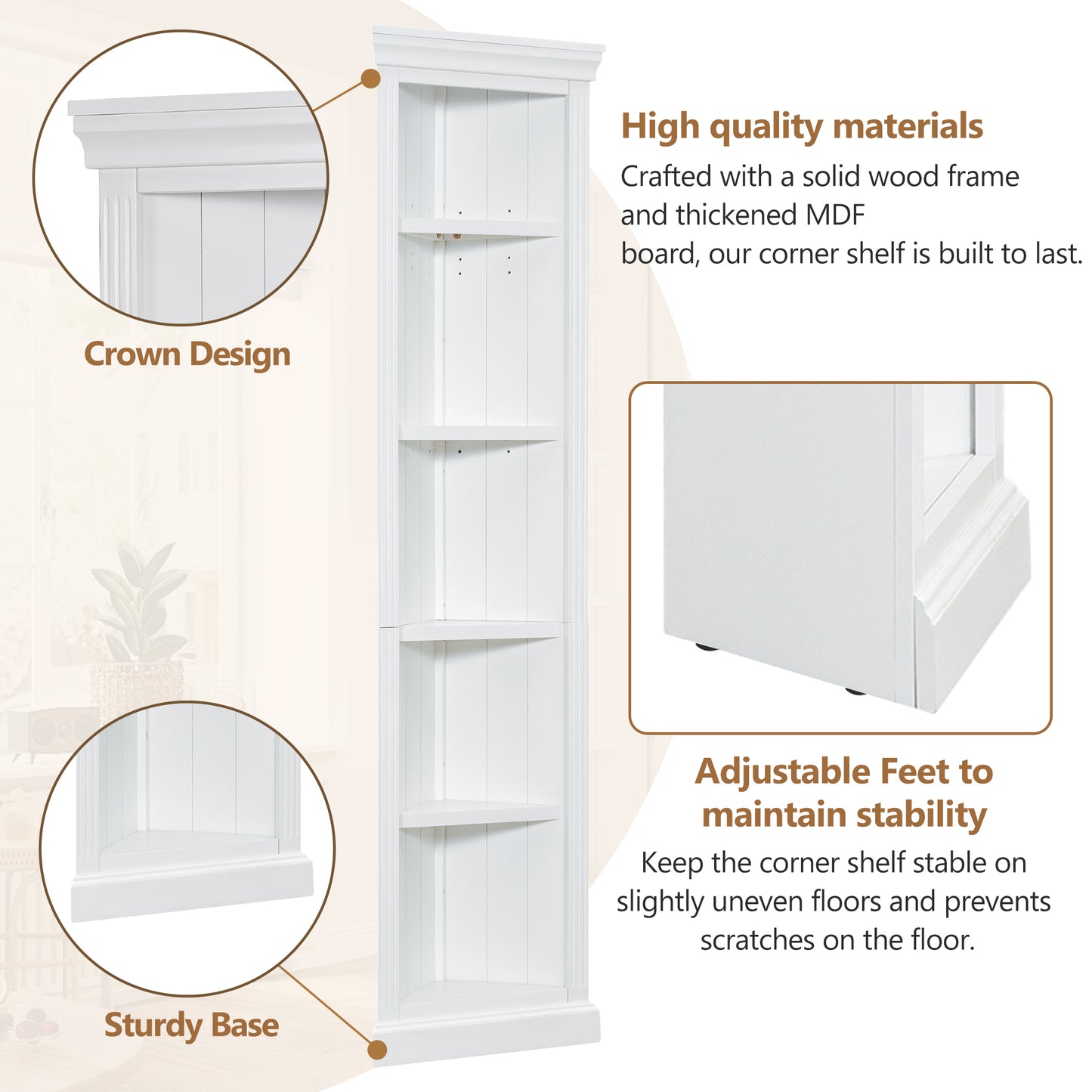 White wooden corner shelf with crown molding