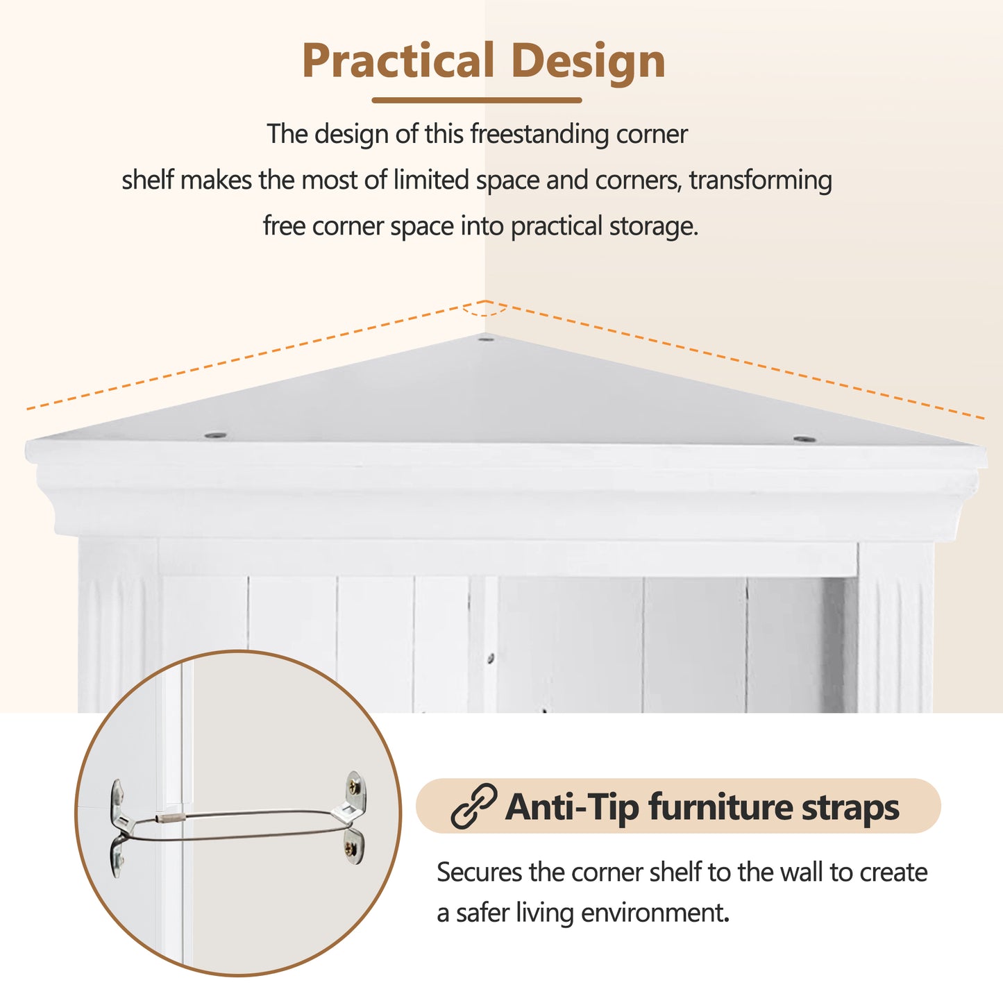 White freestanding corner shelf with practical design and secure antitip straps