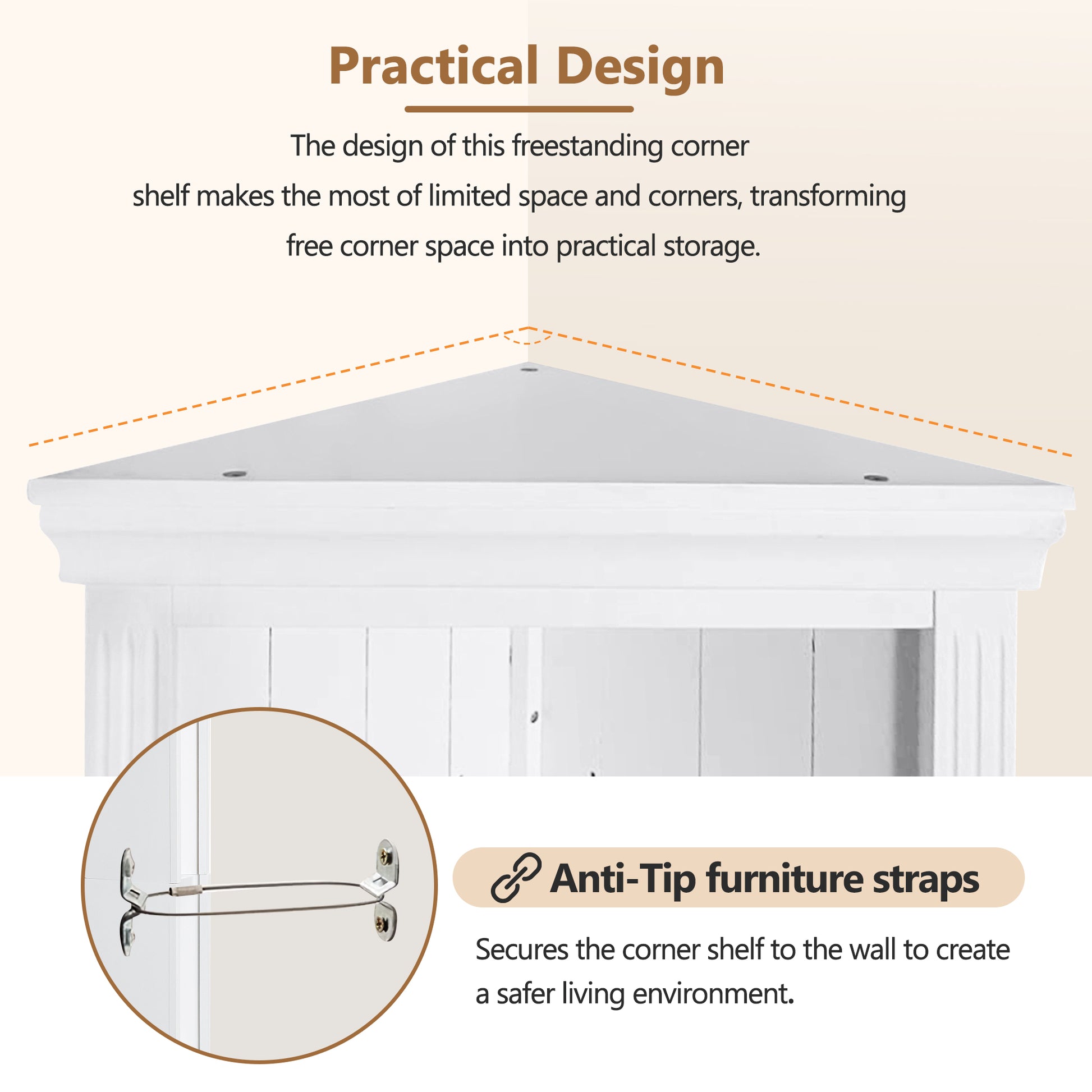 White freestanding corner shelf with practical design and secure antitip straps