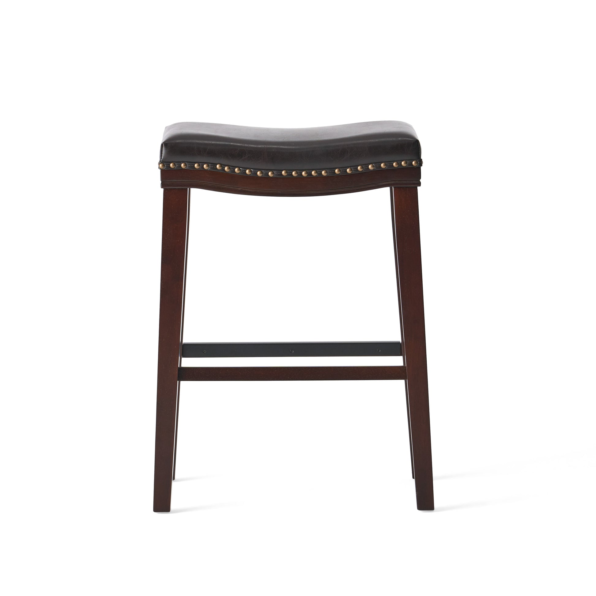 Dark brown leather saddle bar stool with bronze nailhead trim