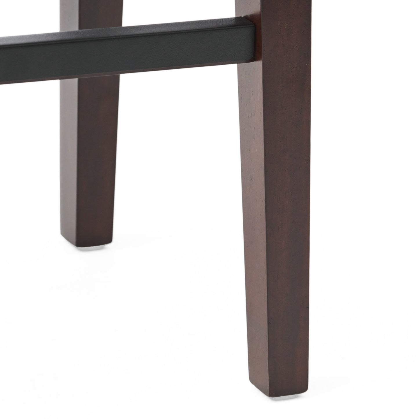 Dark espresso wood bar stool legs with matte black metal stretcher bar for stability
