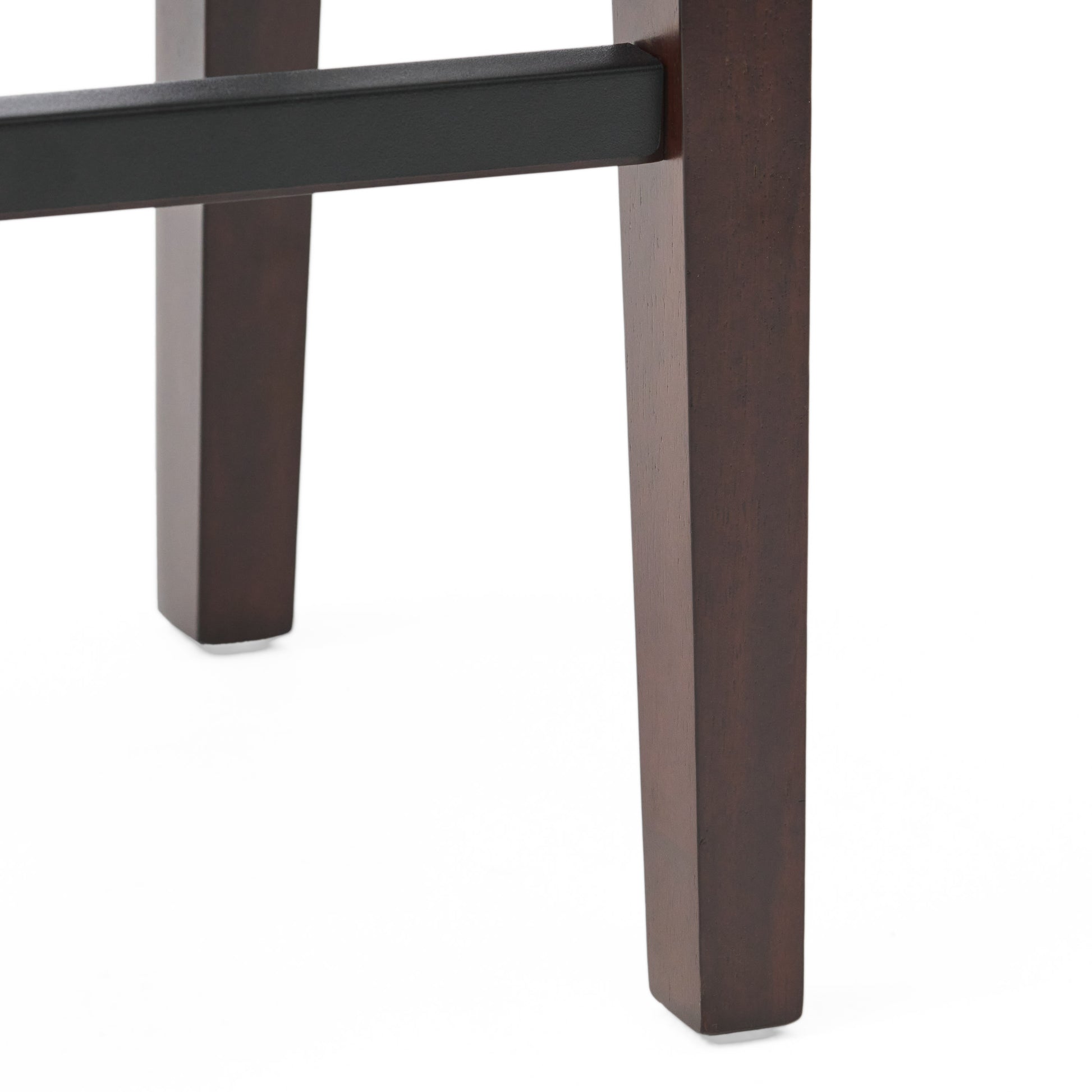 Dark espresso wood bar stool legs with matte black metal stretcher bar for stability