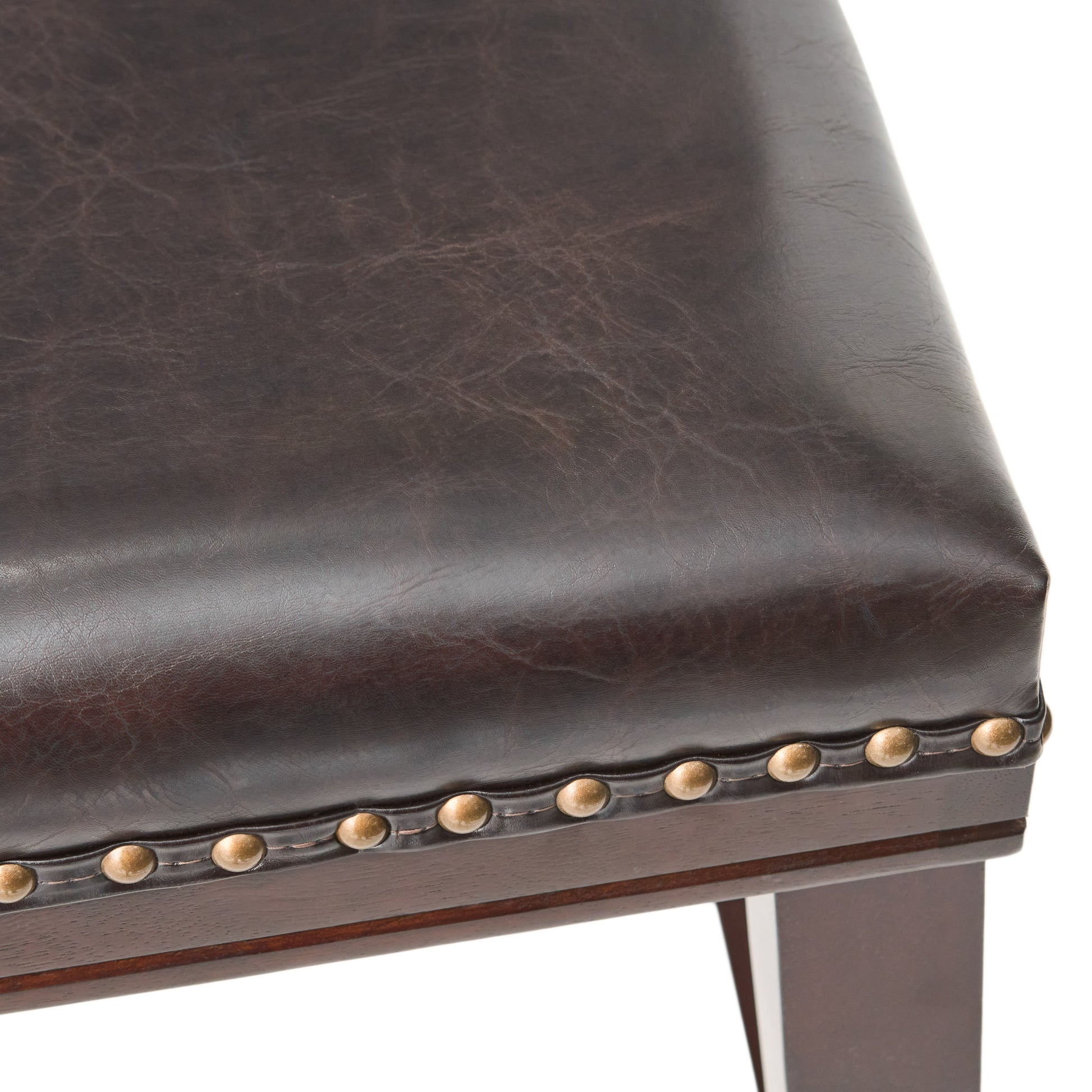 Dark brown faux leather dining chair seat with brass nailhead trim