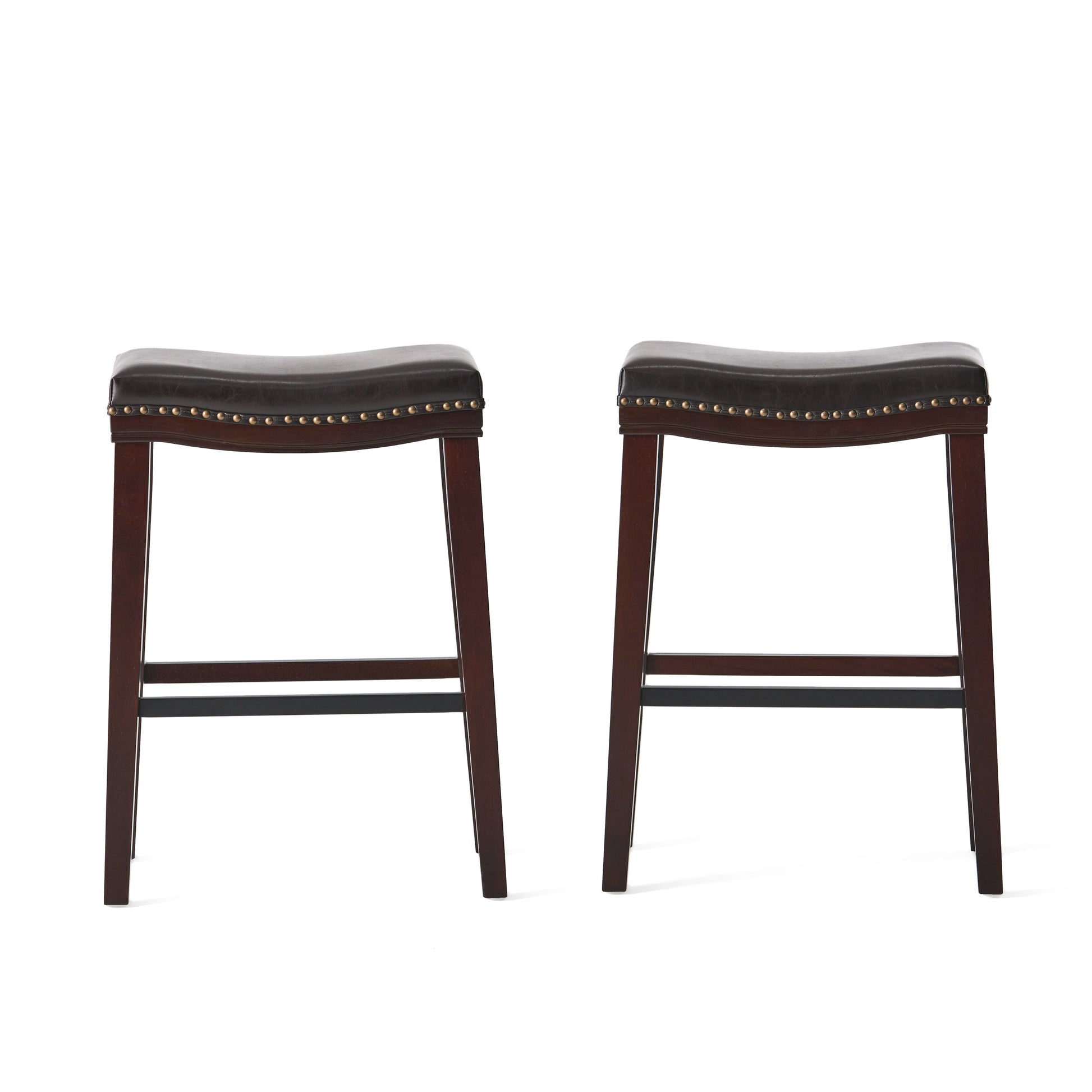 Two dark brown wooden bar stools with studded dark leather seats