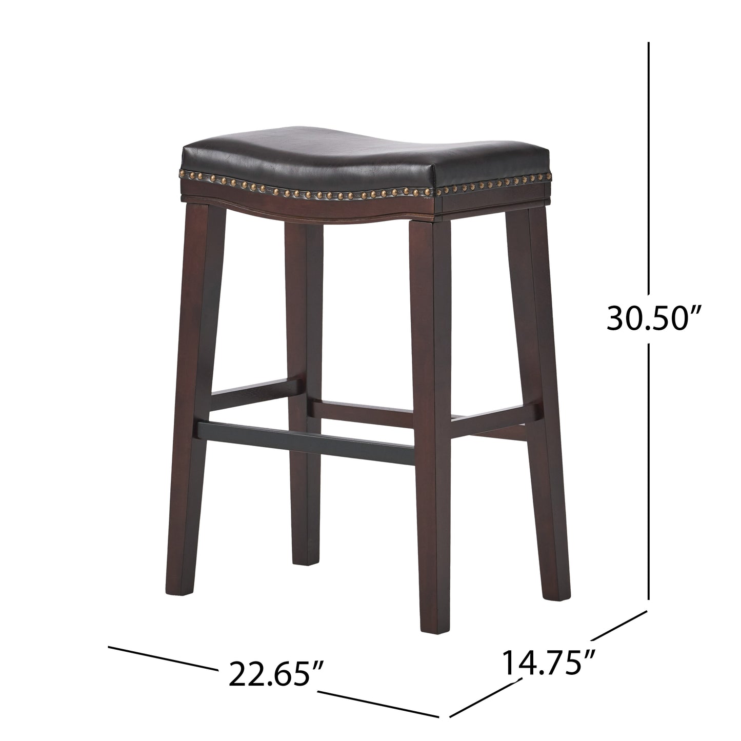 Dark brown faux leather saddle stool with decorative nailhead trim