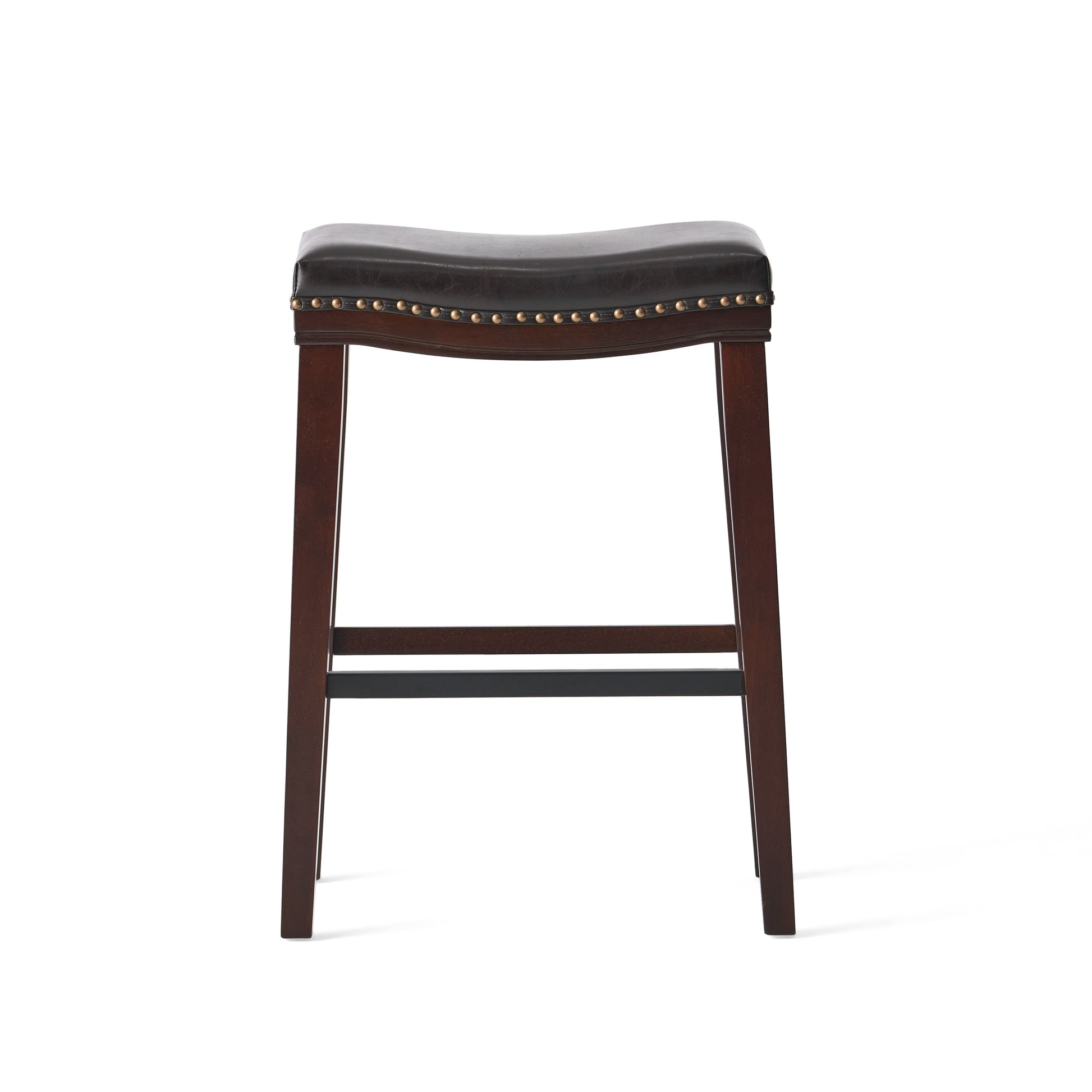 Dark brown leather saddle stool with brass stud trim