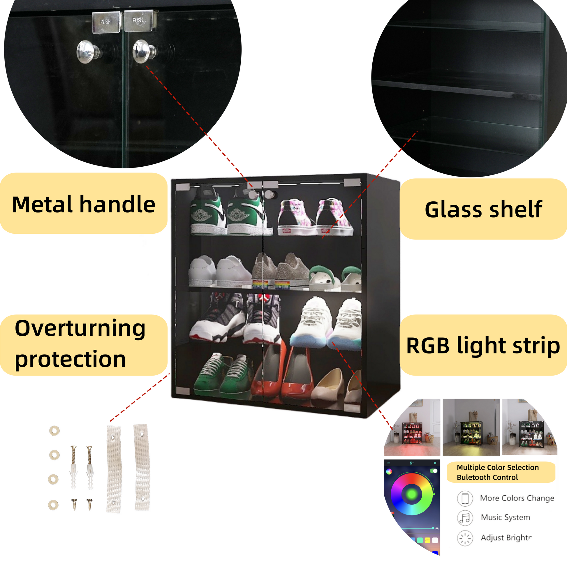 Black display cabinet with pushopen doors and silver metal handles